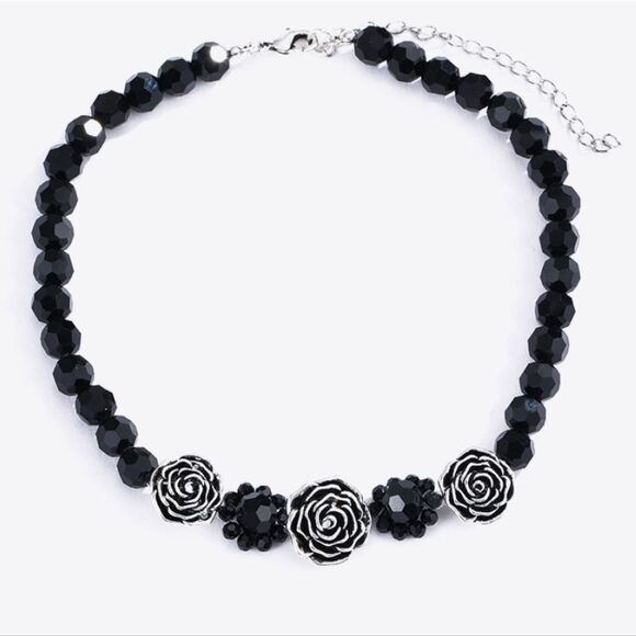 🌹 Silver-Plated Rose Black Beaded Lobster Clasp Necklace High Neck - Picture 3 of 8